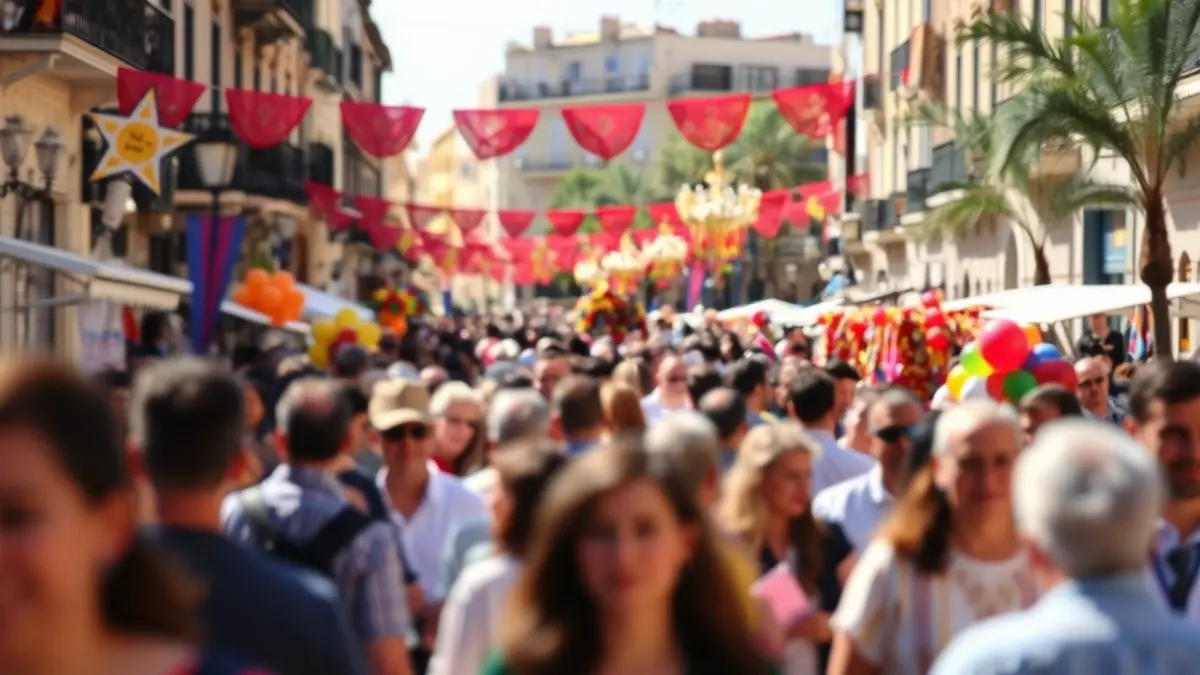 Generic image of a popular Valencian festival with people and colorful decorations.