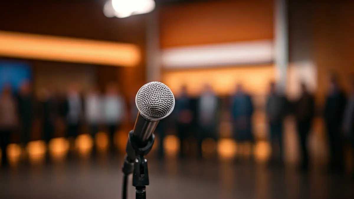 Imagen genérica de un estudio de televisión con un micrófono en primer plano y una pantalla con noticias borrosas.
