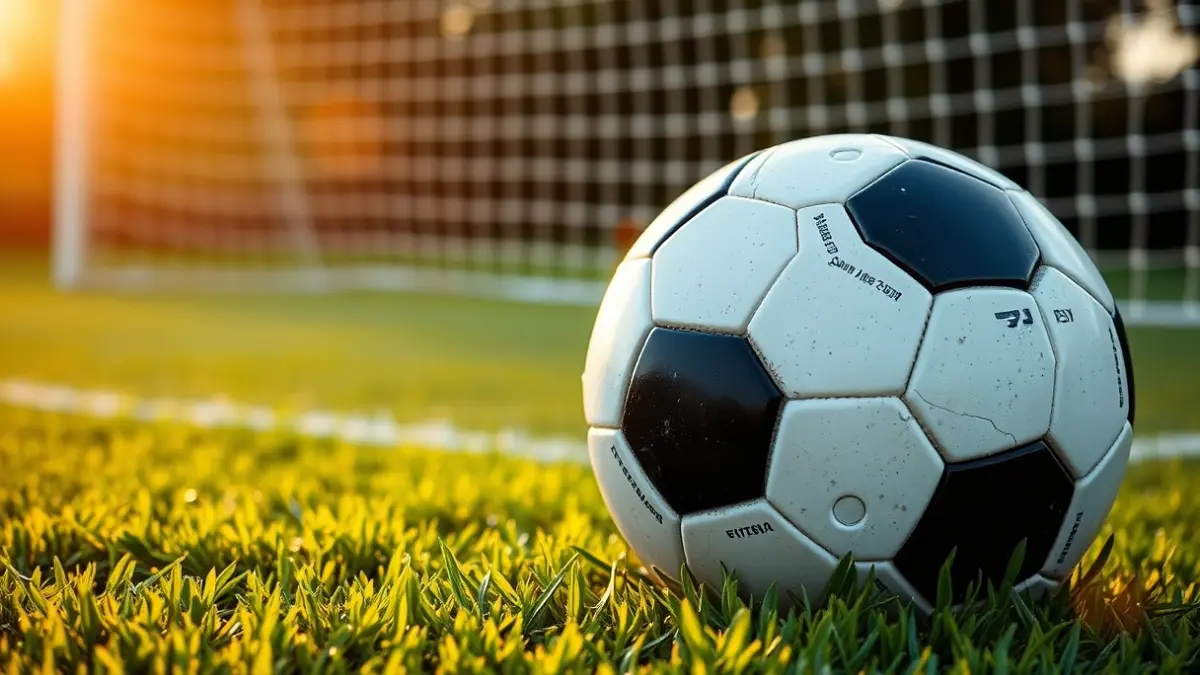 Generic image of a soccer ball on a grass field, with a blurred goal in the background.