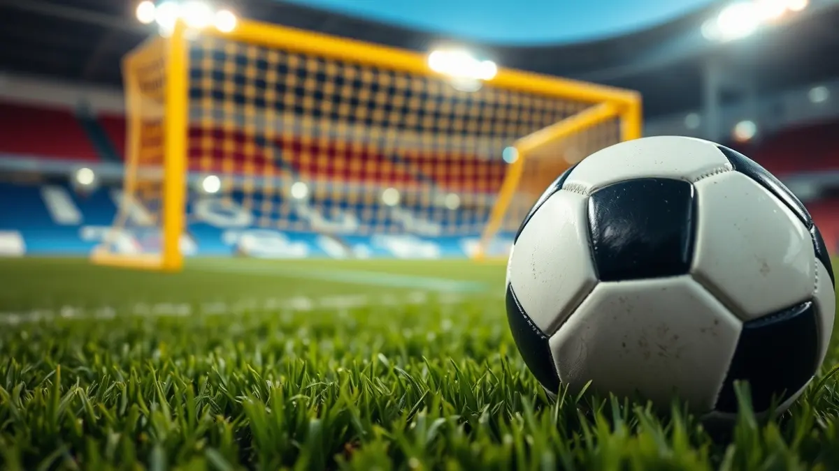 Generic image of a soccer ball on grass, with a blurred goal in the background.