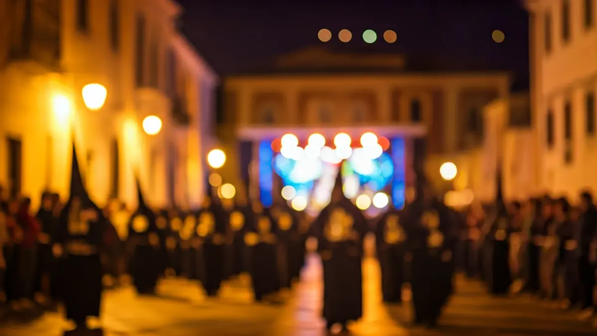 Image representing the coexistence of a religious procession and a musical event in a public space.