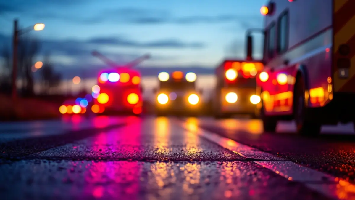 Imatge genèrica de llums d'emergència reflectint-se en l'asfalt mullat en un accident de trànsit.