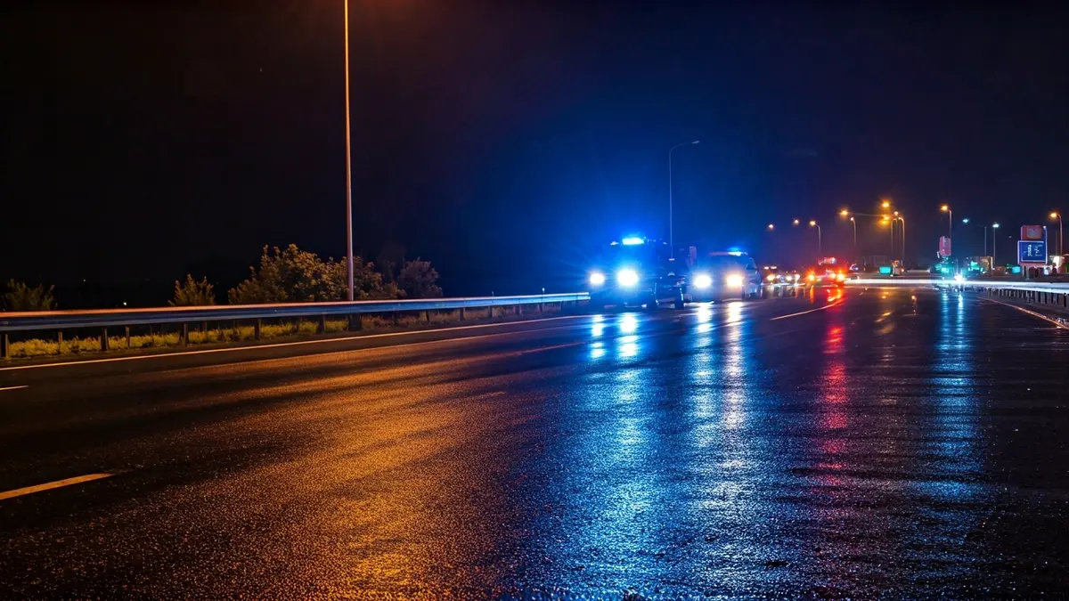 Imatge genèrica de llums d'emergència reflectint-se sobre l'asfalt mullat en una autopista mediterrània.