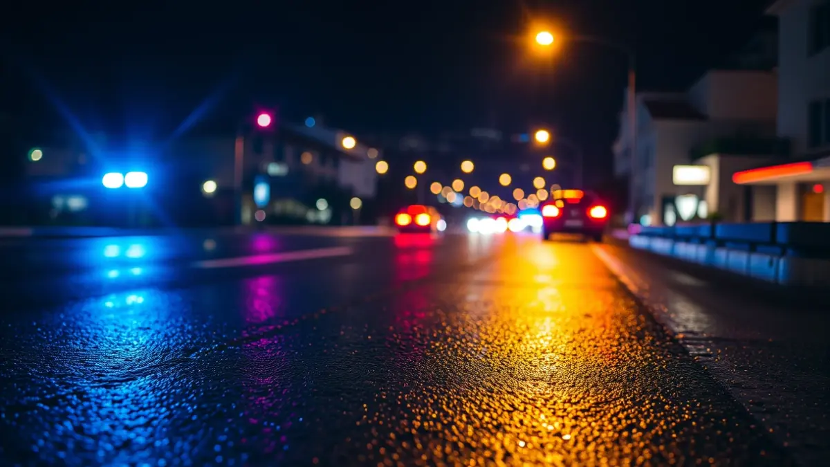 Generic image of emergency lights reflecting on wet asphalt at night.
