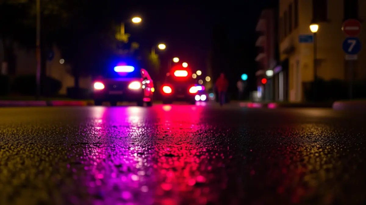 Imagen genérica de luces de emergencia reflejándose en el asfalto mojado de noche, sin vehículos visibles.