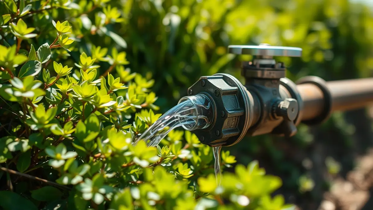 Generic image of a water pipe with a valve, surrounded by green vegetation, suggesting irrigation infrastructure maintenance.