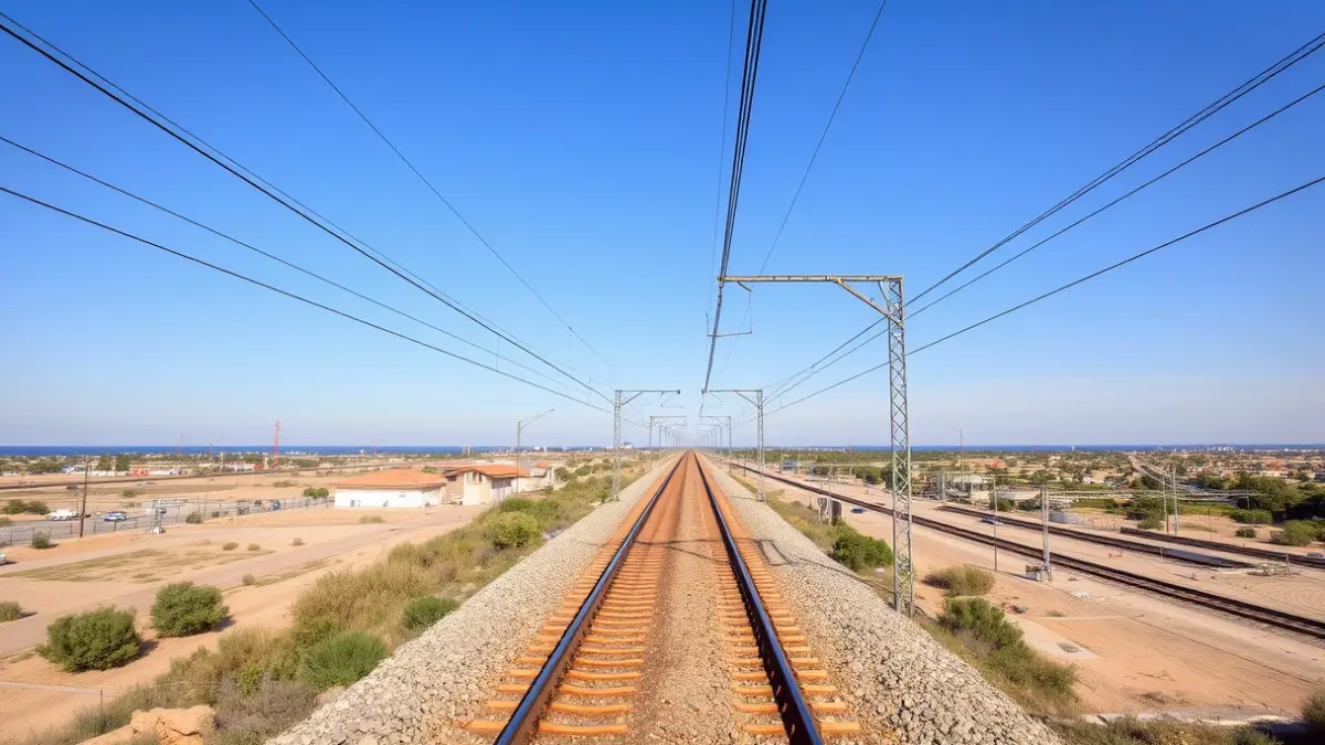 Imagen genérica de una vía de tren moderna con doble línea electrificada en un paisaje mediterráneo.