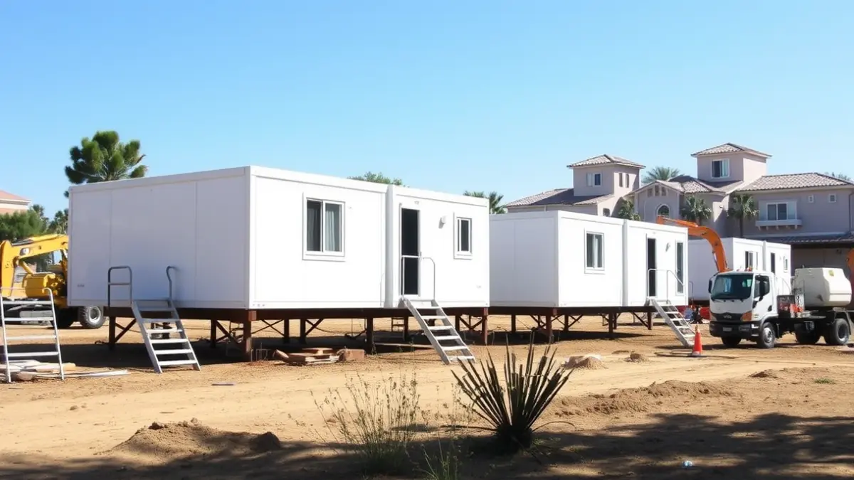 Instalación de aulas modulares en un terreno preparado para un centro educativo.