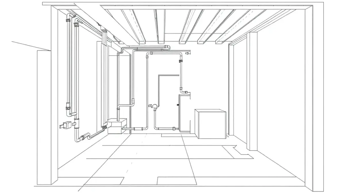 Generic image of an architectural blueprint of a basement with renovation details.