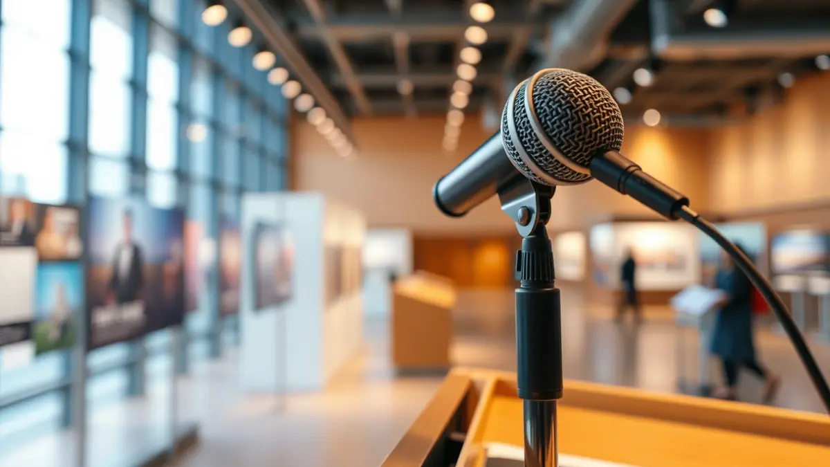 Image of a microphone on a podium in a modern museum setting, with blurred exhibits in the background.