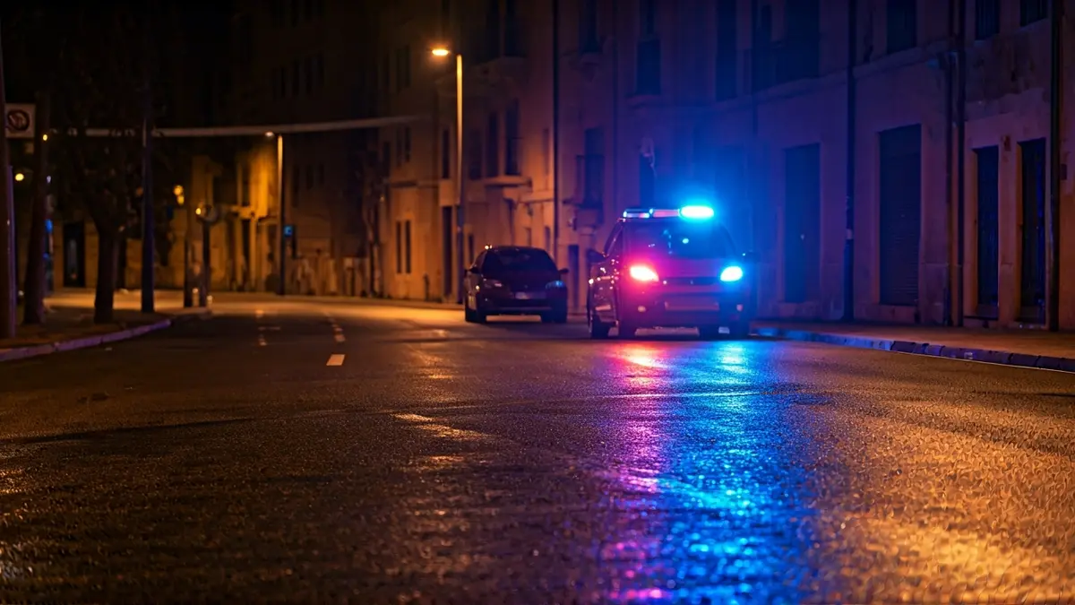 Imagen genérica de luces de emergencia reflejándose sobre el asfalto mojado de noche.