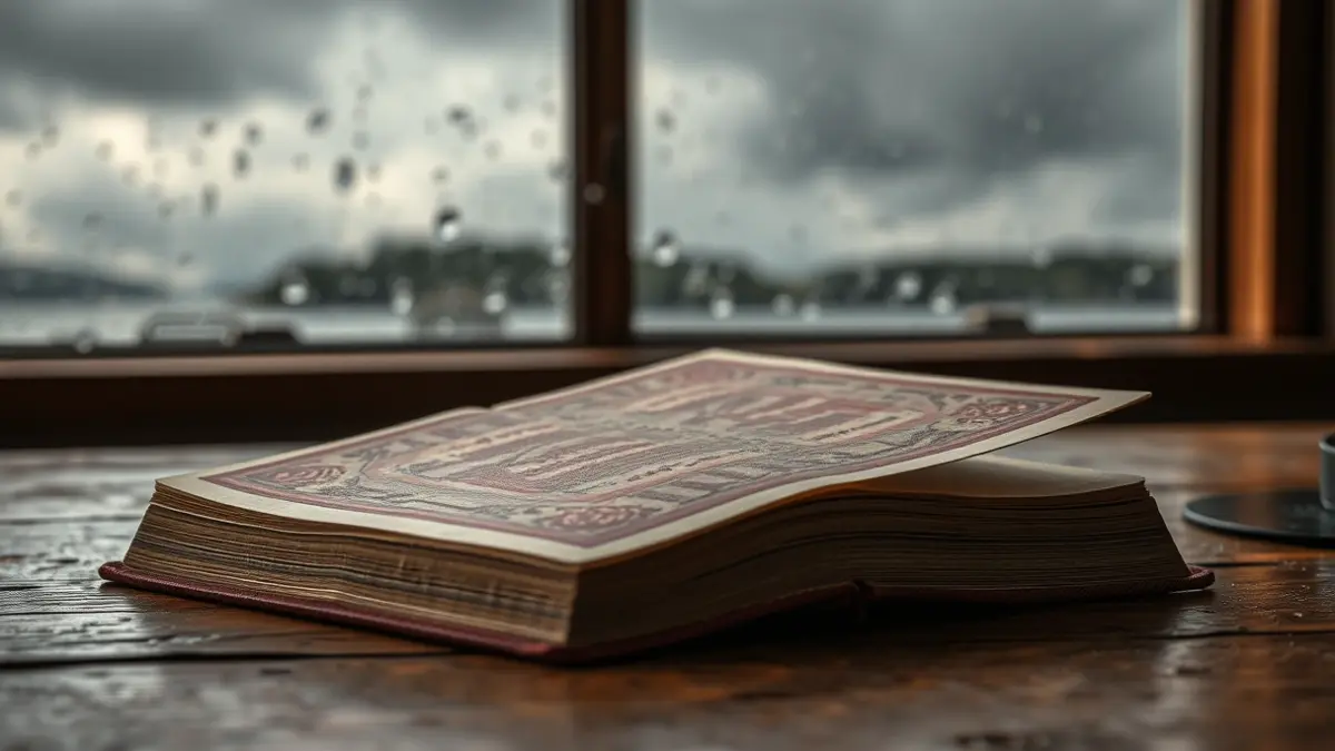 Image of a book with a somber cover, on a wooden table, with a blurred background suggesting a stormy sky or a rain-streaked window.