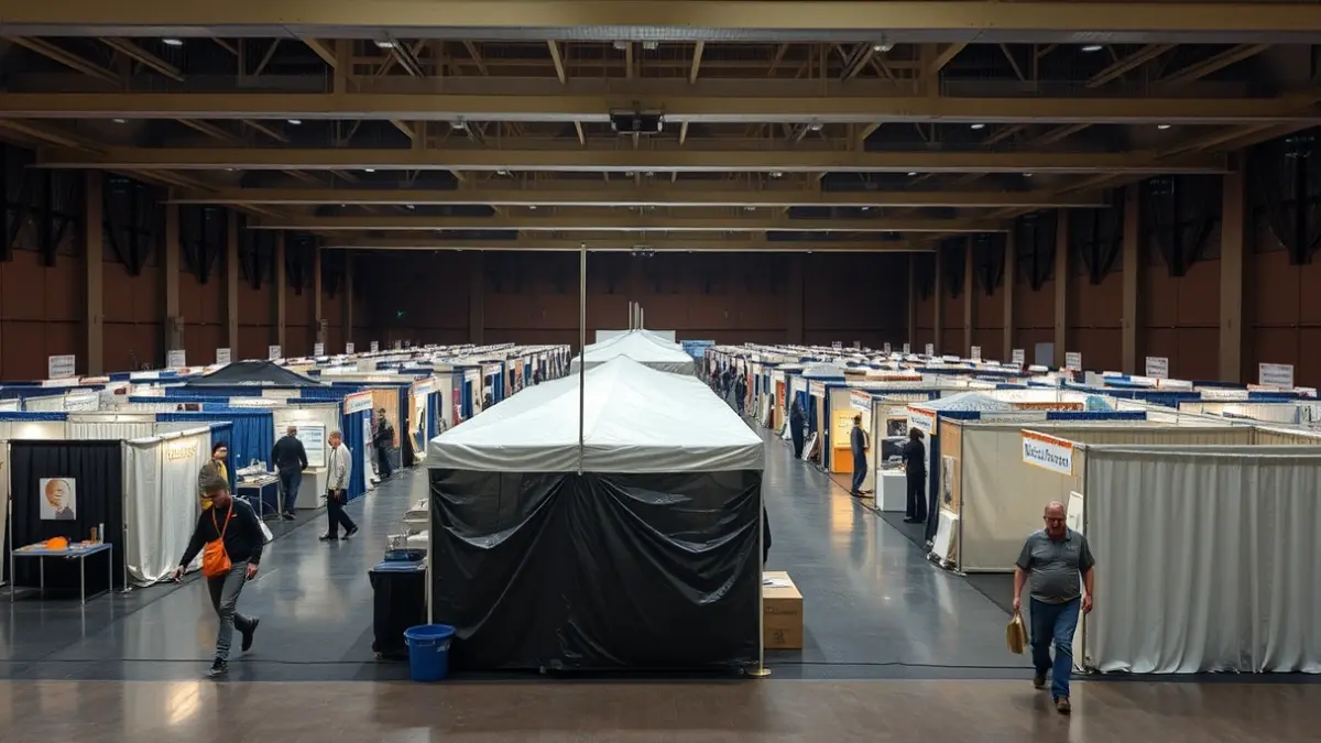 Imagen genérica de un espacio de exposición en montaje, con algunos stands cubiertos por la lluvia.
