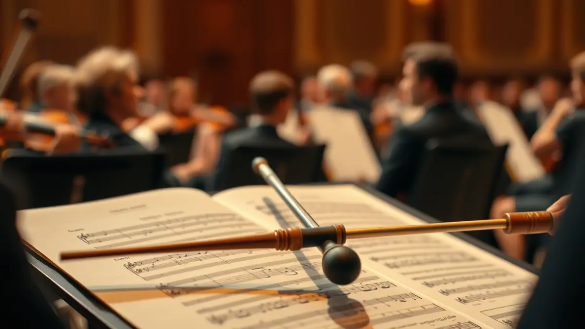 Generic image of a conductor's baton on a music stand with sheet music, with blurred orchestral instruments in the background.