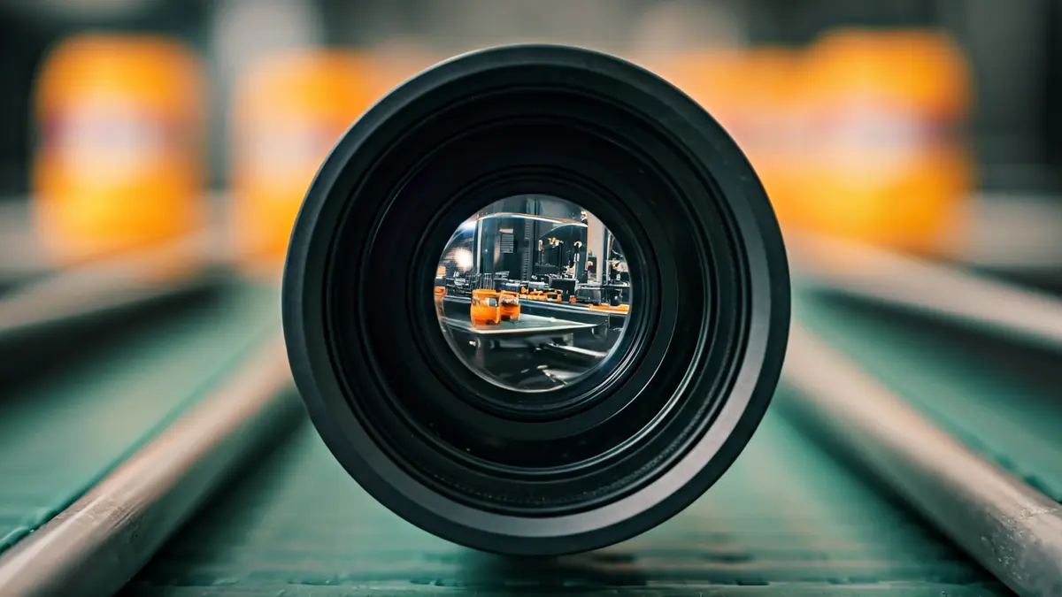 Generic image of a hyperspectral camera lens inspecting products on a conveyor belt.