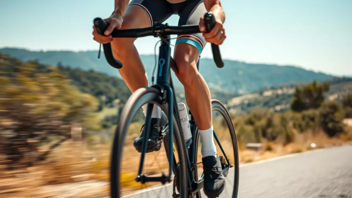 Generic image of a cyclist in full competition, with a Mediterranean landscape in the background.