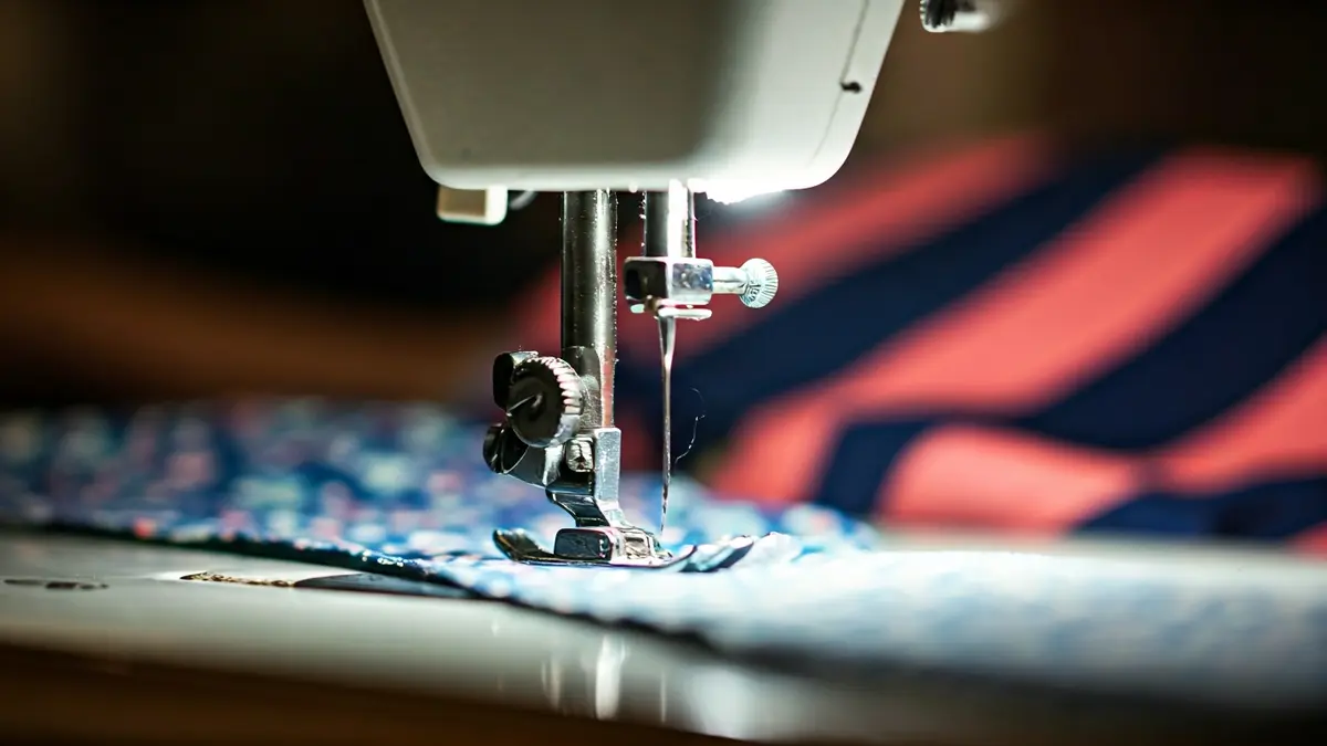 Imagen genérica de una aguja de máquina de coser perforando tela, con patrones de ropa de baño difuminados al fondo.