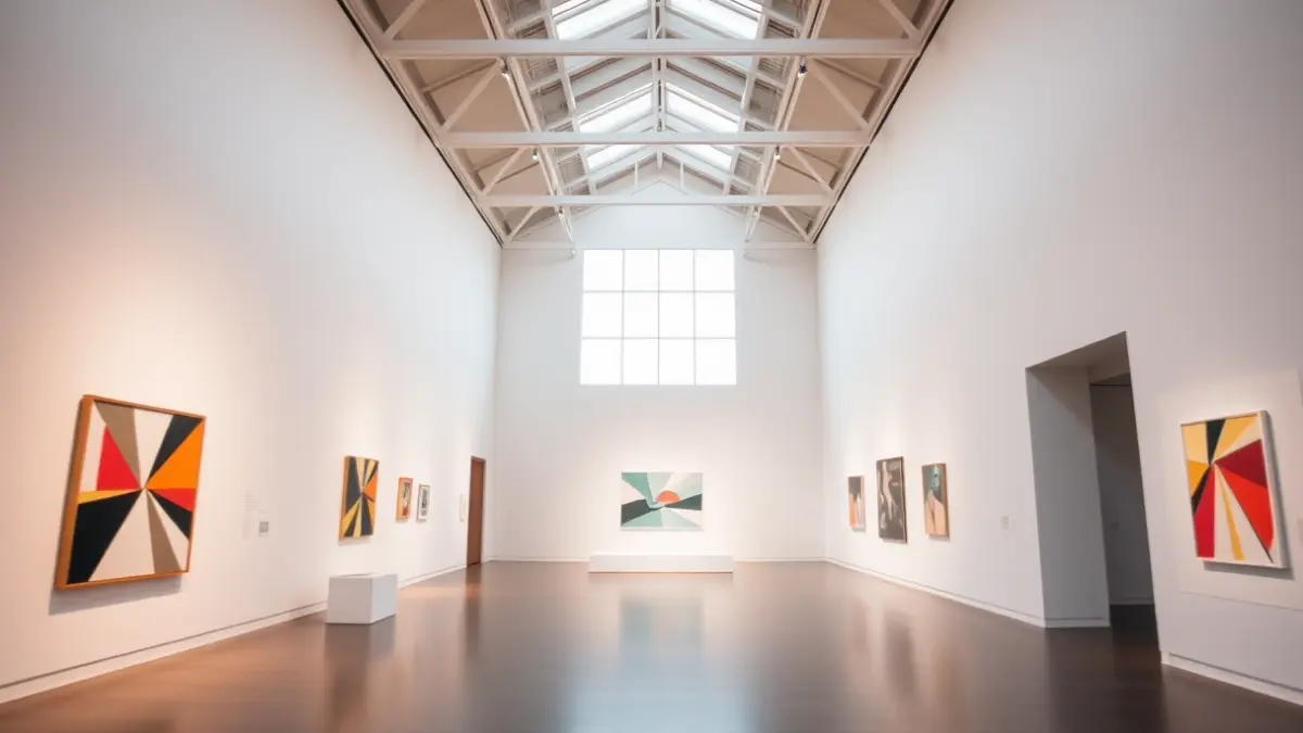 Generic image of a modern art museum exhibition space, with natural light and abstract art pieces.