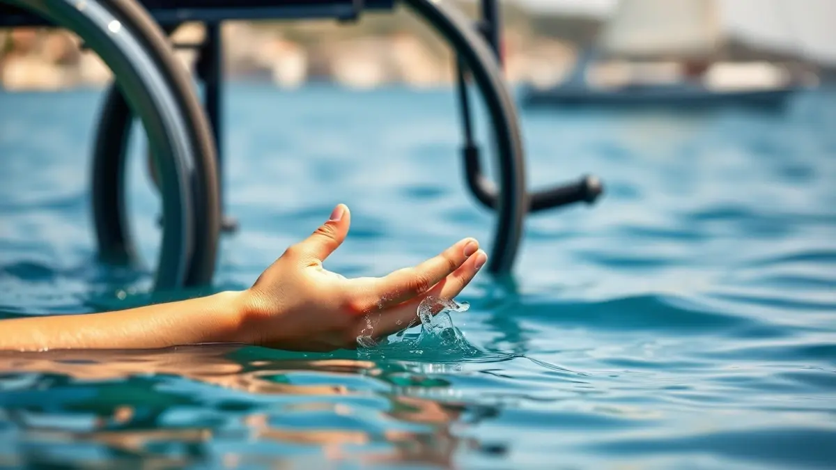 Image of a hand in a wheelchair touching the water, symbolizing inclusion in the marine environment.