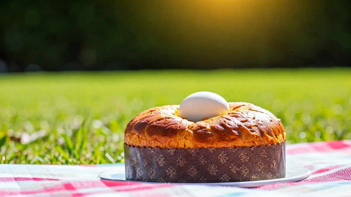 Image of a traditional 'mona de Pascua' cake with a hard-boiled egg, in a festive outdoor setting.