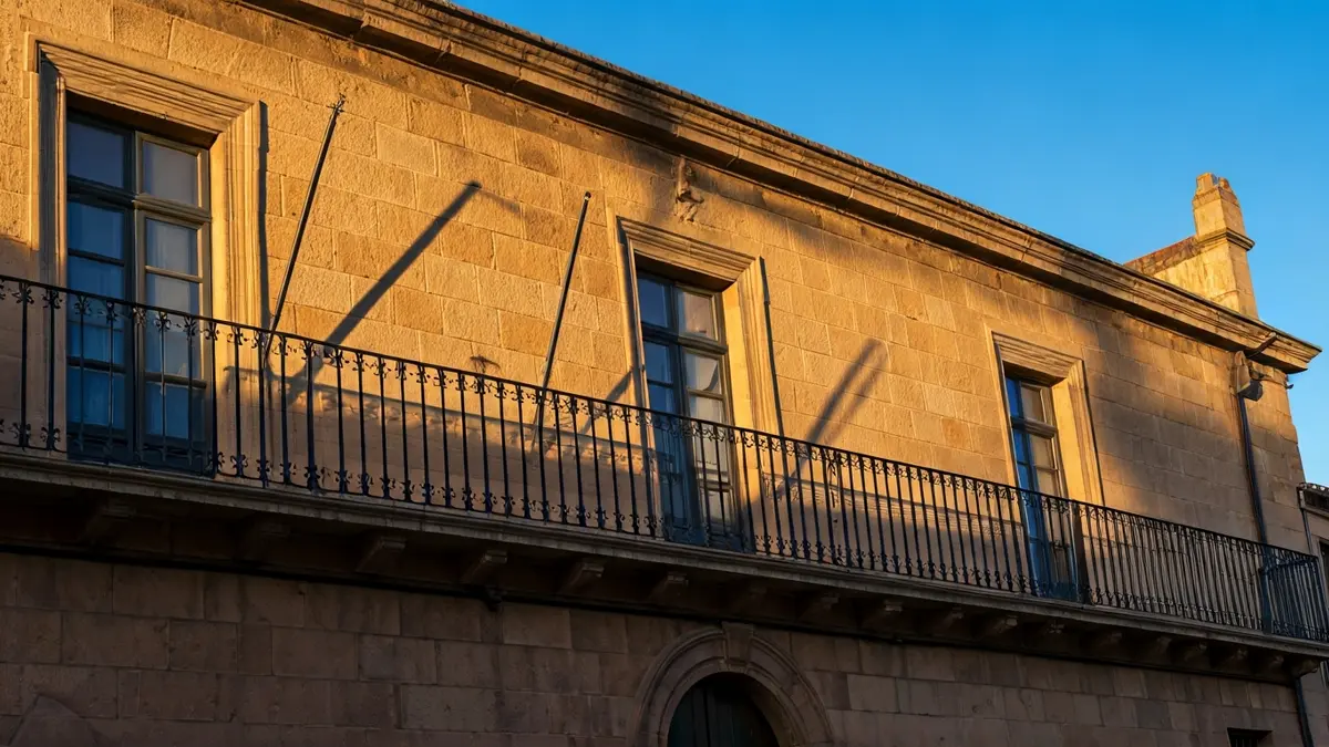 Fachada del Ayuntamiento de Alicante con balcones de hierro forjado bajo la luz del sol de la tarde.
