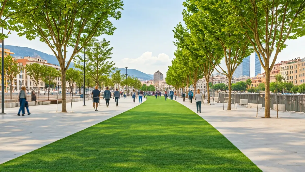 Image of a modern urban park with paths and greenery, with a Mediterranean city skyline in the background.
