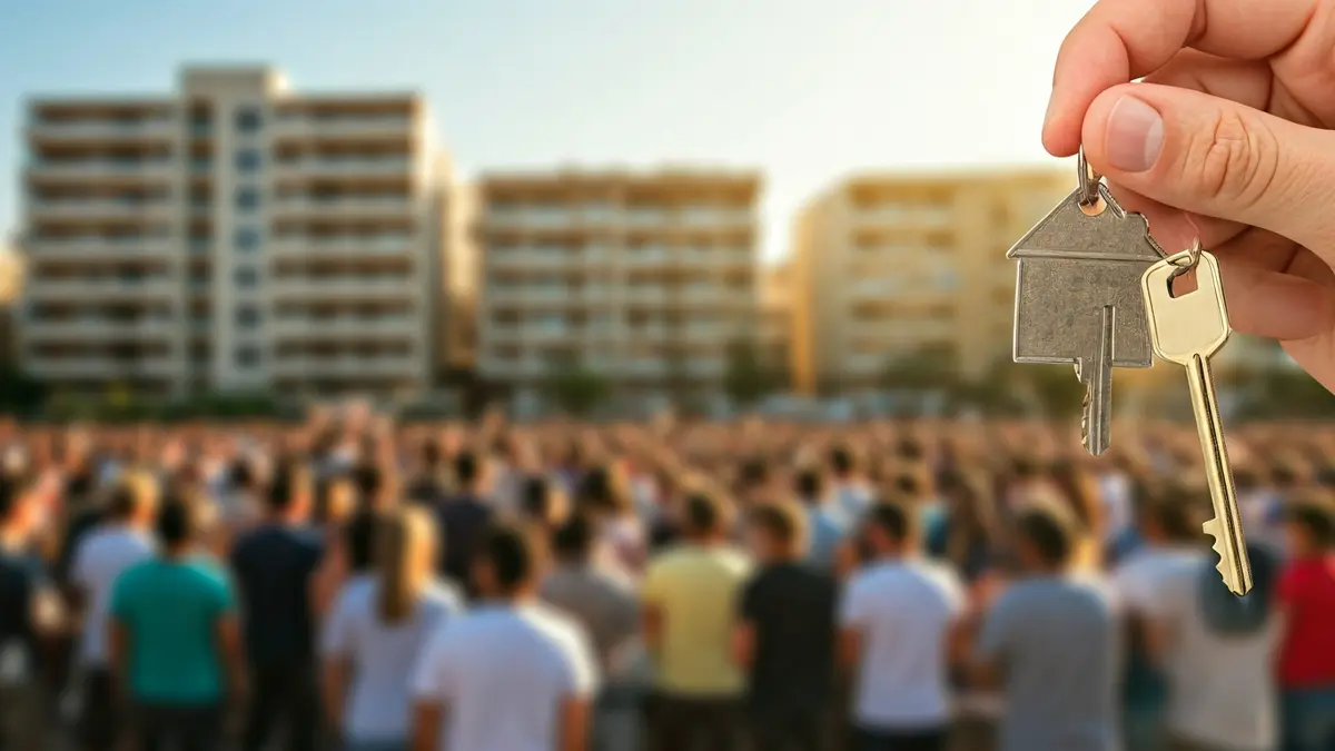 Imagen genérica de una mano sosteniendo una llave, con edificios de apartamentos al fondo.