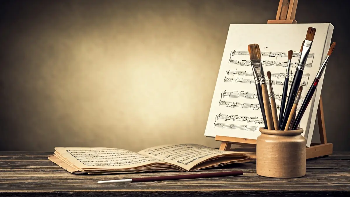 Image evoking the figure of a painter and a musician, with artistic elements and musical scores.