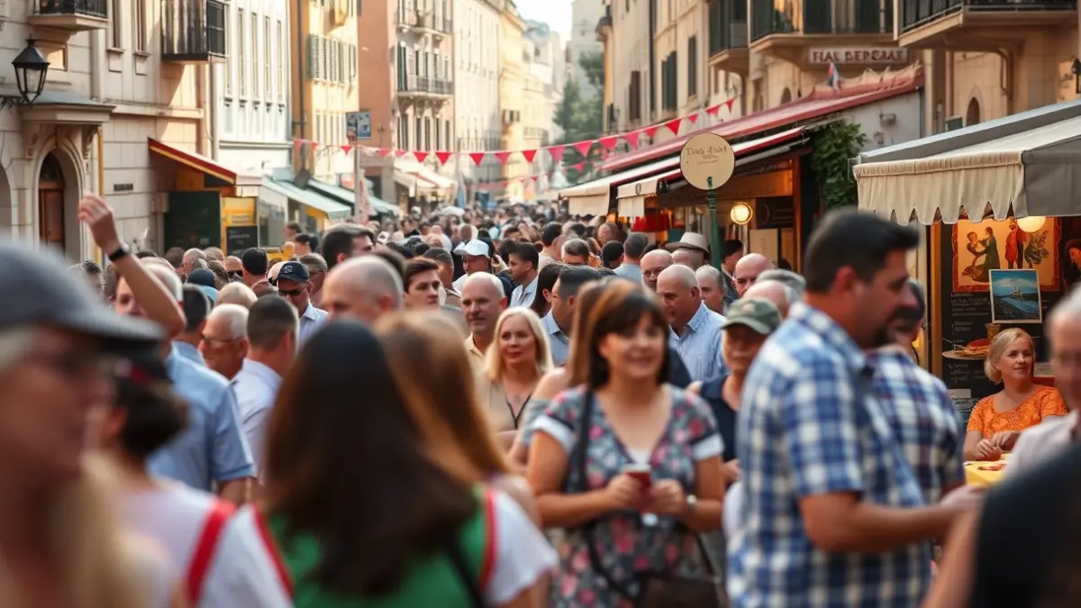 Image of a cultural day with music and gastronomy in a Mediterranean square.