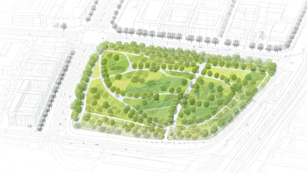 Plano o diseño arquitectónico de un parque urbano con zonas verdes e infraestructuras.