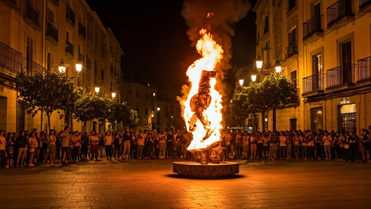 Imatge d'una foguera cremant en una plaça històrica, amb gent al fons.