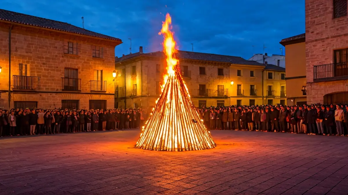 Imagen de una hoguera quemando en una plaza, con gente alrededor y edificios históricos al fondo.