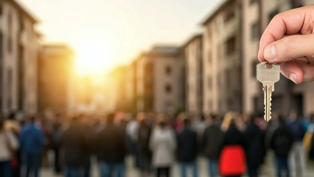 Imatge genèrica d'una mà sostenint una clau d'habitatge amb edificis al fons.