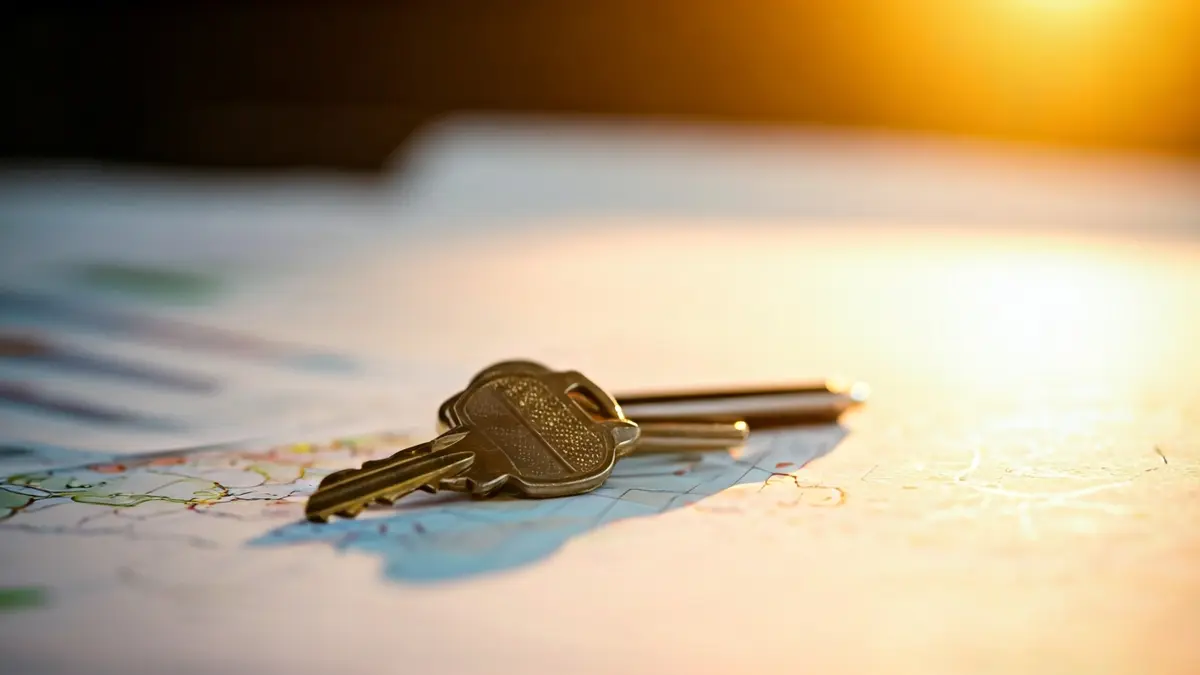 Imatge d'una clau de casa sobre un mapa de la província d'Alacant, amb gràfics financers borrosos al fons, simbolitzant el mercat immobiliari i la demanda internacional.