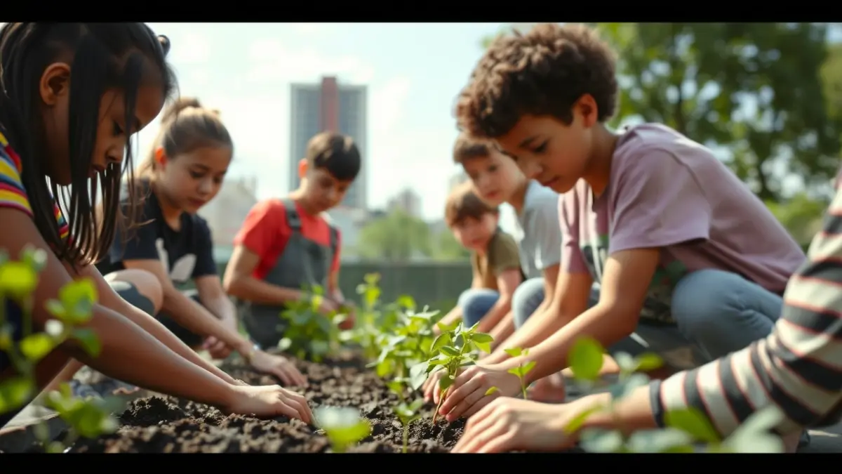 Imatge genèrica de joves aprenent jardineria en un hort urbà.
