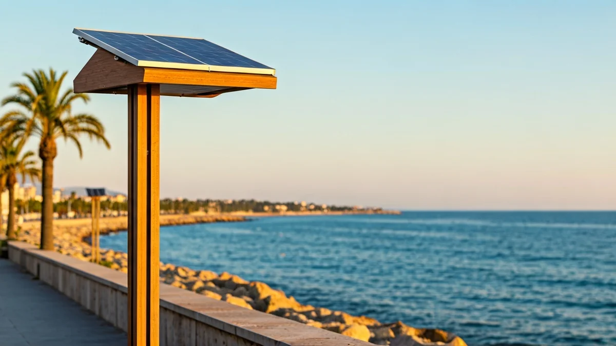 Imatge d'un fanal solar de fusta en un passeig marítim.