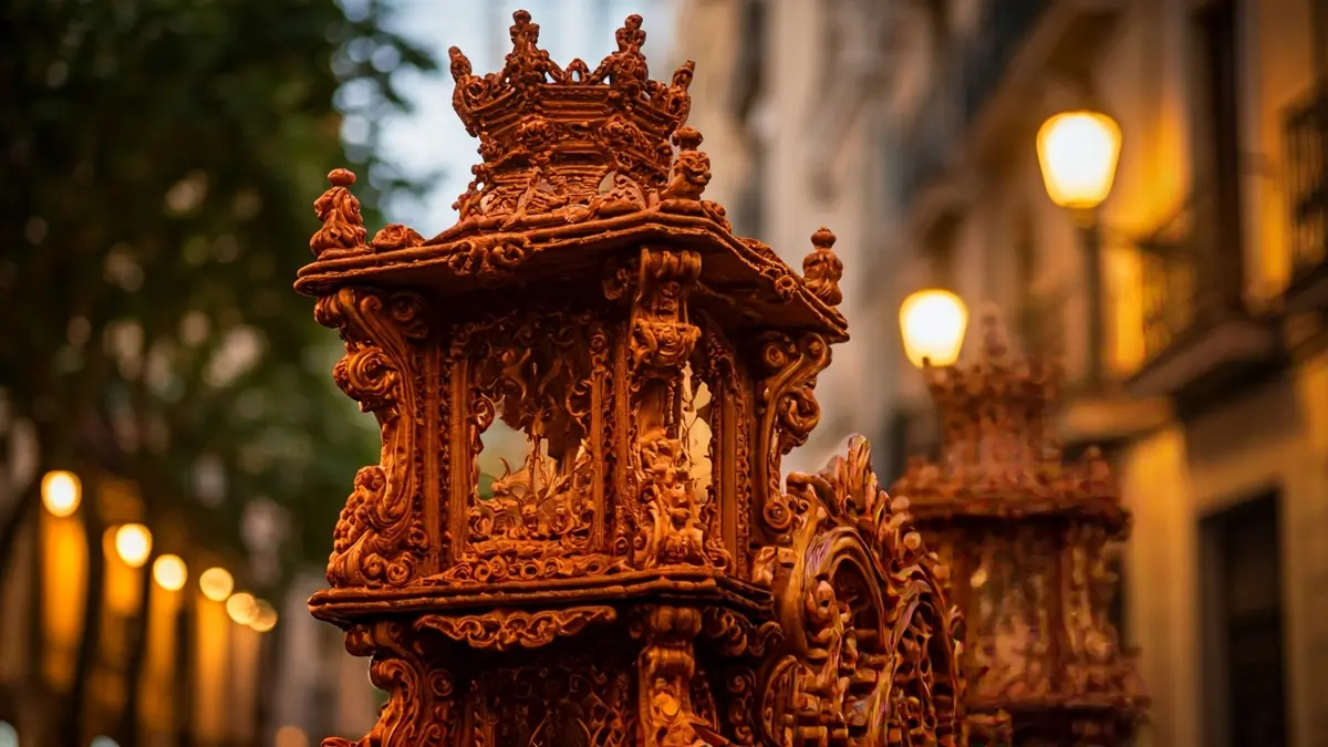 Imagen de una hoguera tradicional con detalles intrincados, en una calle de la ciudad durante una fiesta.