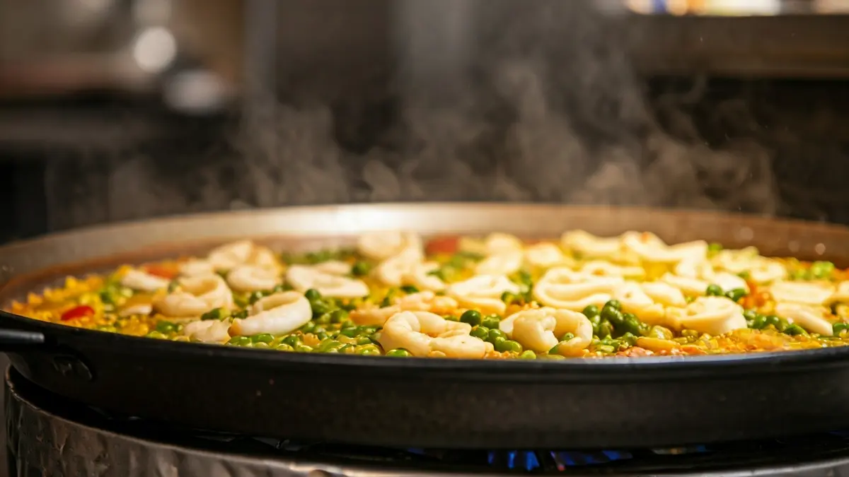 Imagen de un arroz meloso de gambeta y calamar preparándose en una paella.