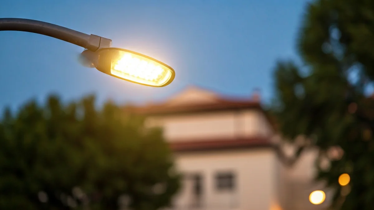 Imatge genèrica d'un fanal modern amb llum LED en un entorn urbà al capvespre.