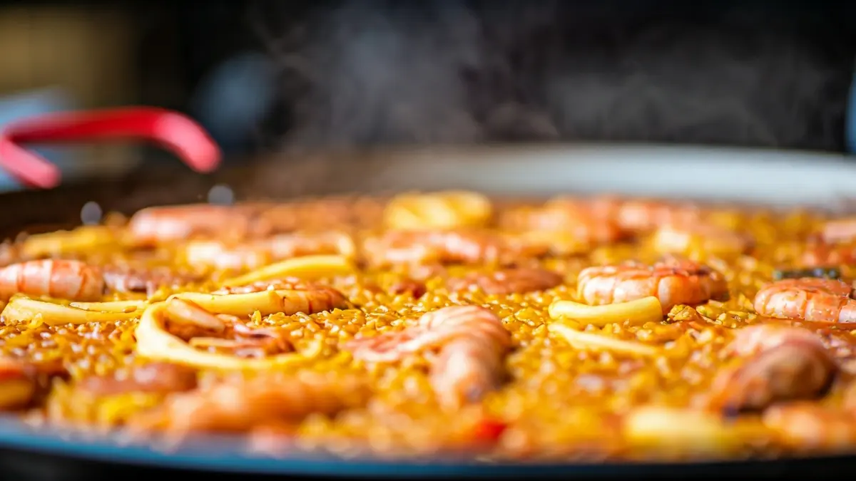 Image of a creamy rice dish with shrimp and squid, highlighting fresh ingredients and culinary presentation.