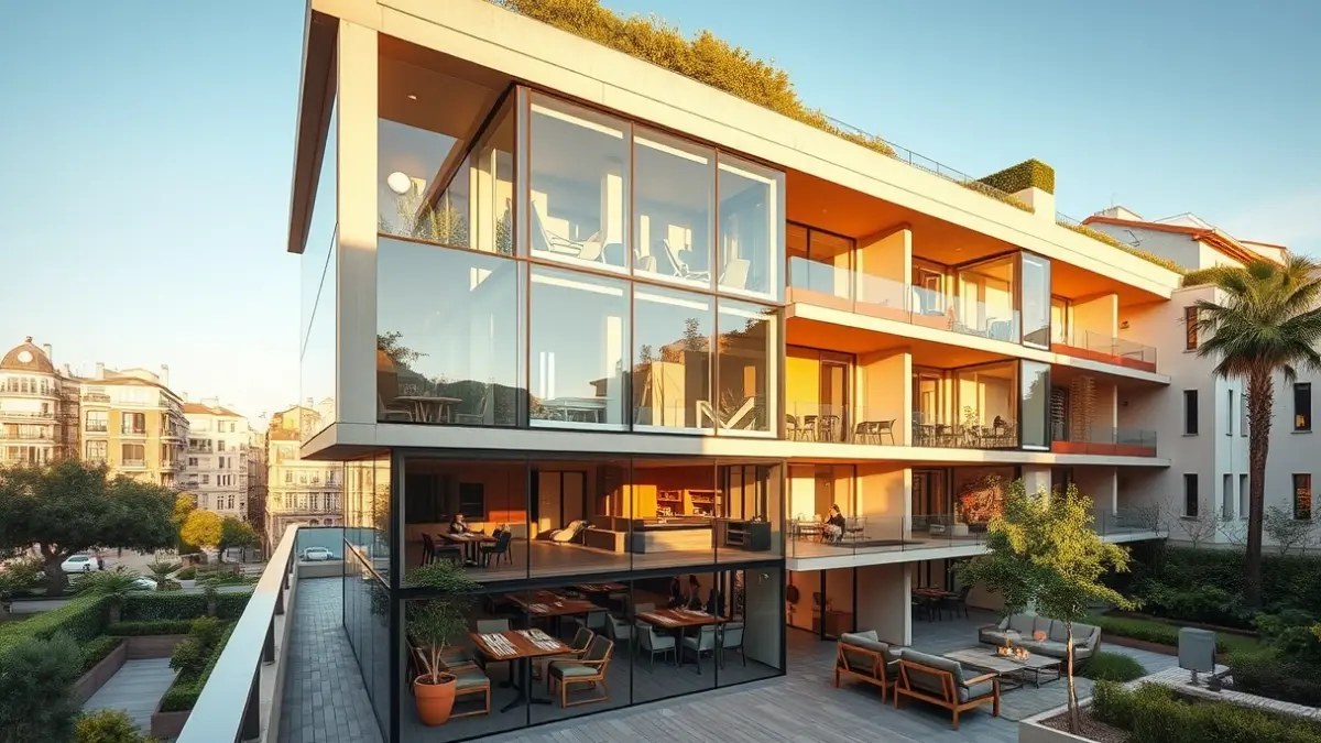 Generic image of a modern building with common spaces, representing 'flex living' or 'coliving' in a Mediterranean urban setting.