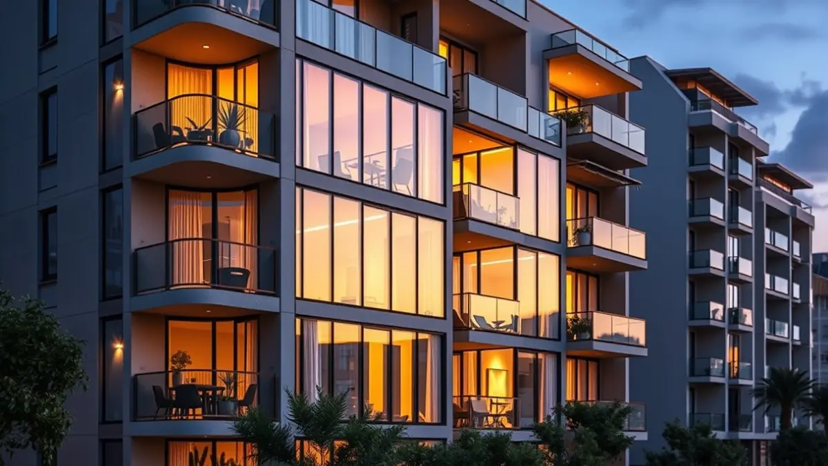 Generic image of a modern residential building with balconies and large windows, reflecting city lights.
