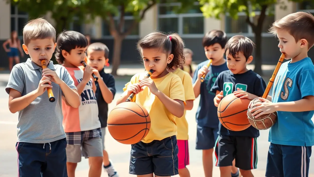 Imatge d'alumnes tocant instruments musicals i fent exercicis amb balons de bàsquet en un pati escolar, destacant la coordinació i la cohesió de grup.