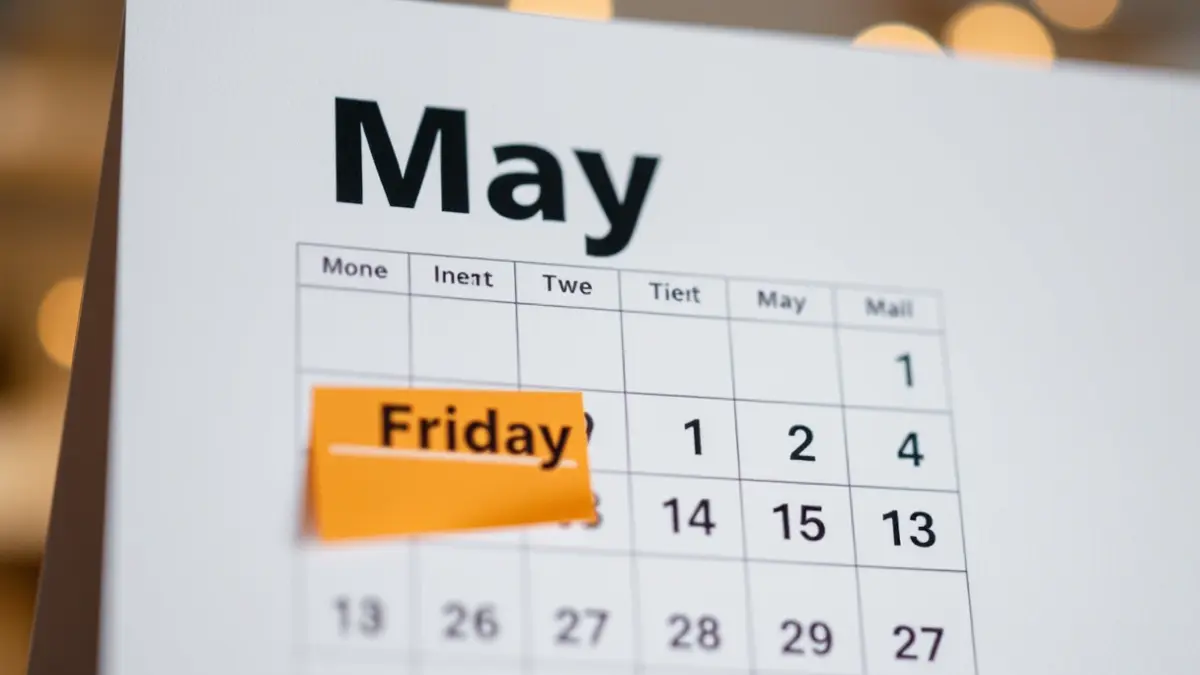 Imagen genérica de una página de calendario mostrando el mes de mayo con un viernes festivo resaltado para un puente.