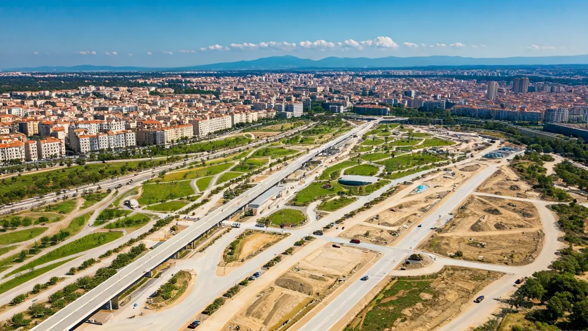 Aerial image of a large urban park under construction with green spaces and a modern intermodal station.