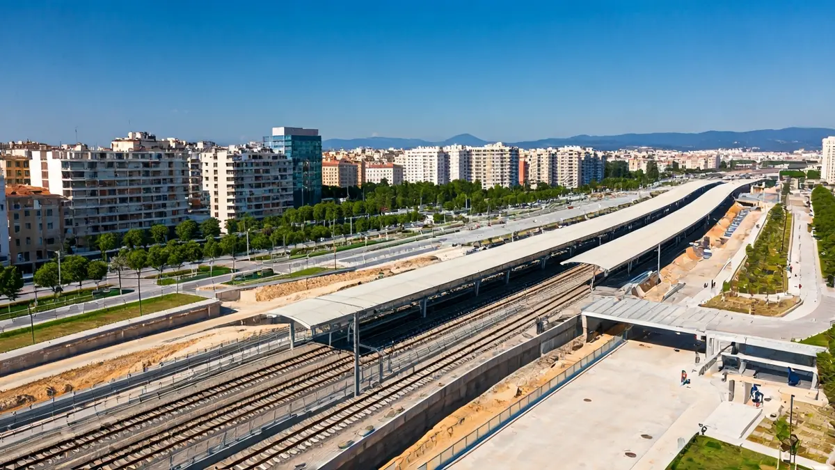Aerial image of a large urban park under construction, with covered train tracks and green areas in a Mediterranean city.