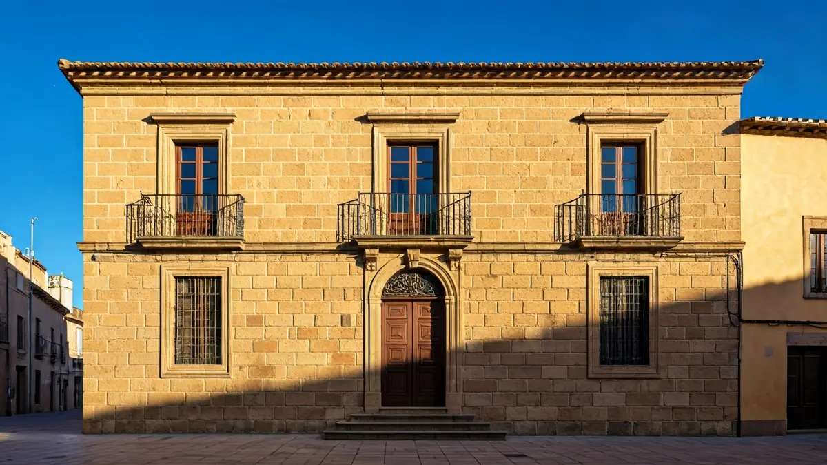 Façana de l'ajuntament d'Alacant amb balcó i baranes de ferro, il·luminada pel sol de la vesprada.