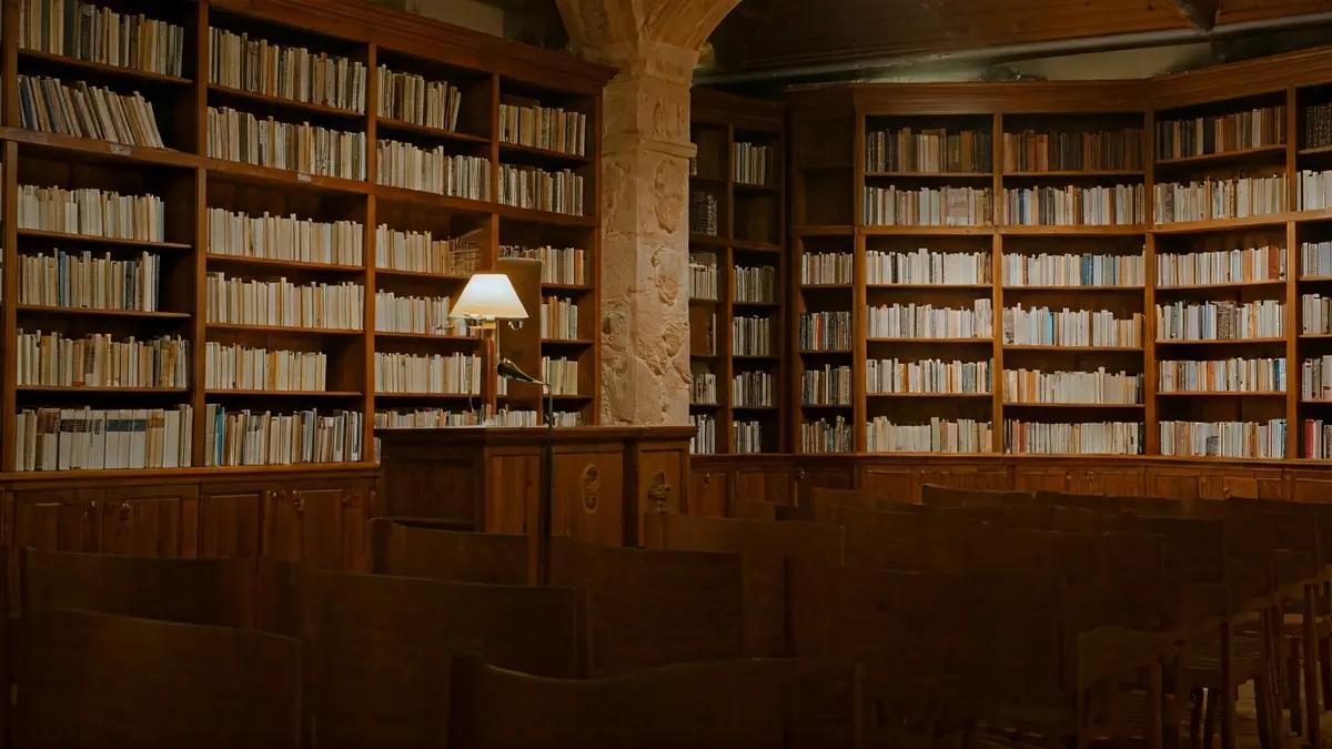 Imatge genèrica d'una sala de presentacions o biblioteca amb un micròfon i cadires buides.