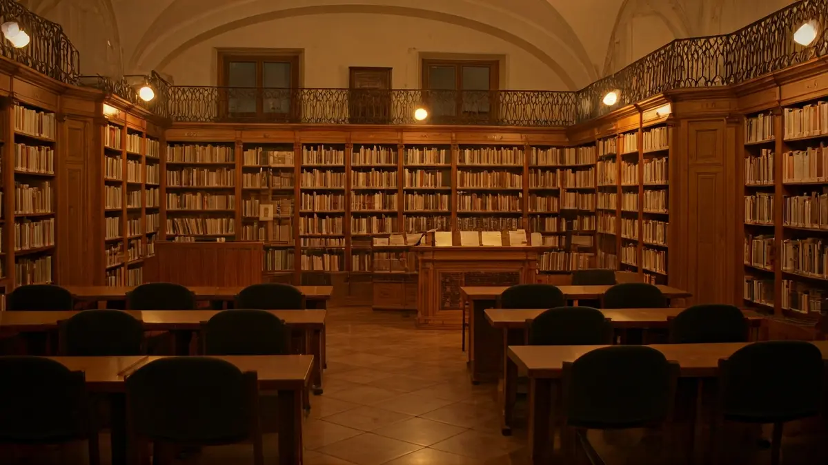 Generic image of an exhibition hall or library with a podium and chairs.