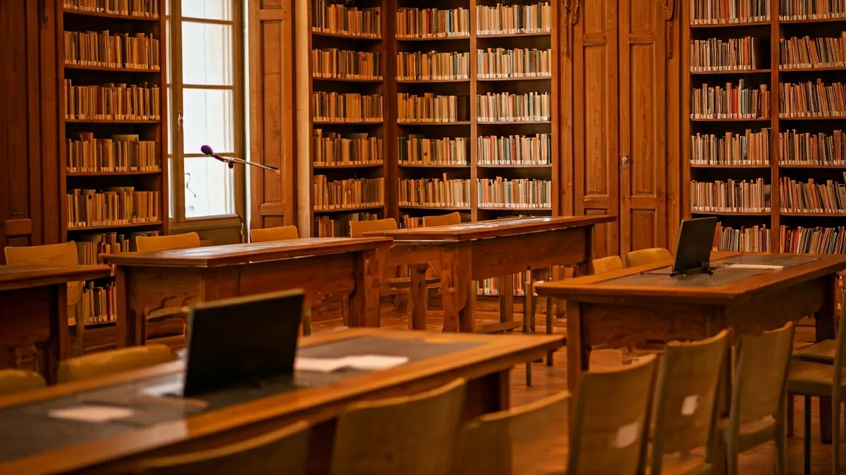 Imatge genèrica d'una biblioteca o sala de presentacions amb prestatgeries de fusta i un faristol, amb una il·luminació càlida.